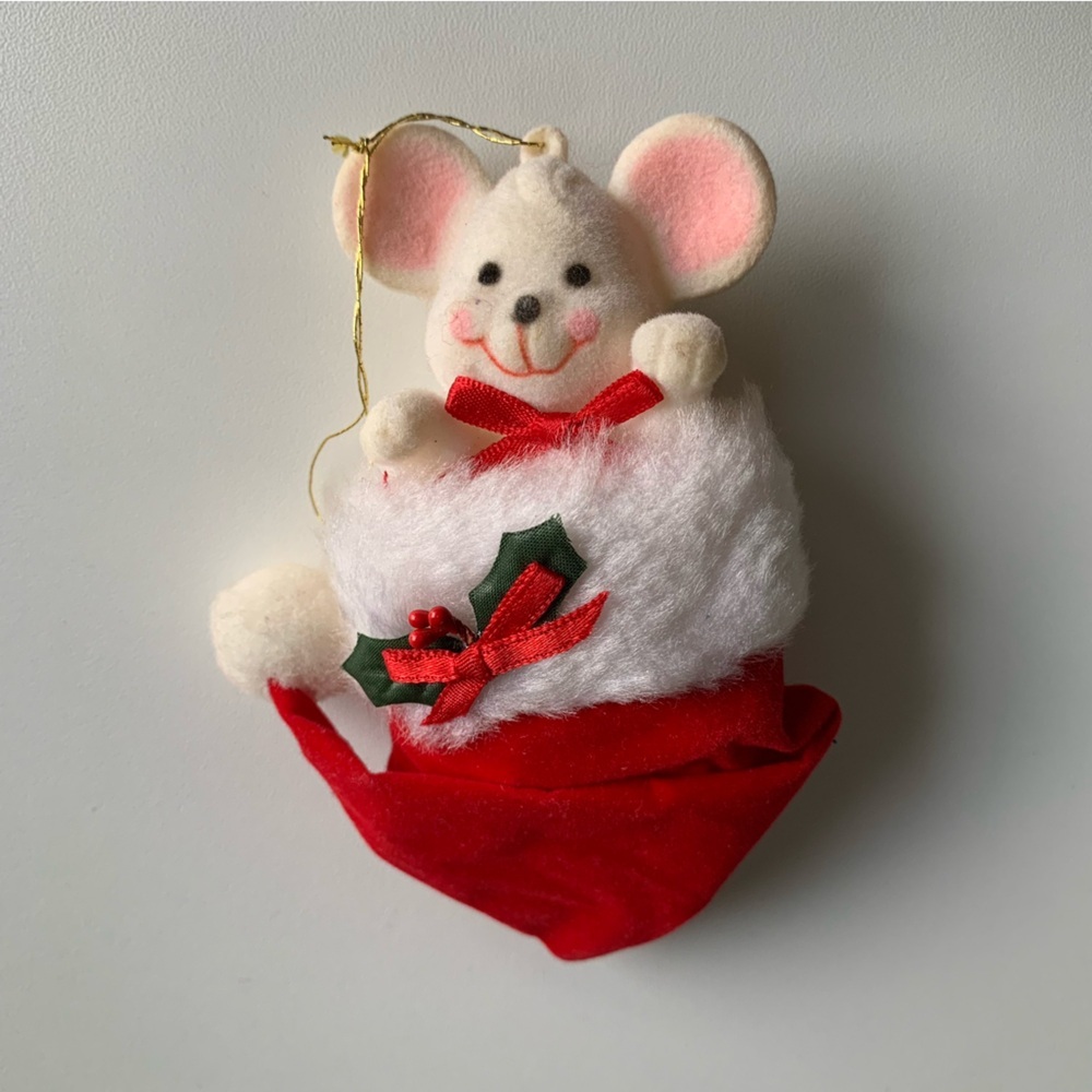 Vintage Mouse Inside Stocking 1970's Flocked Christmas Tree Ornament